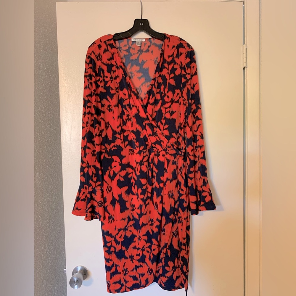 Orange & Blue Print Faux Wrap Midi Dress